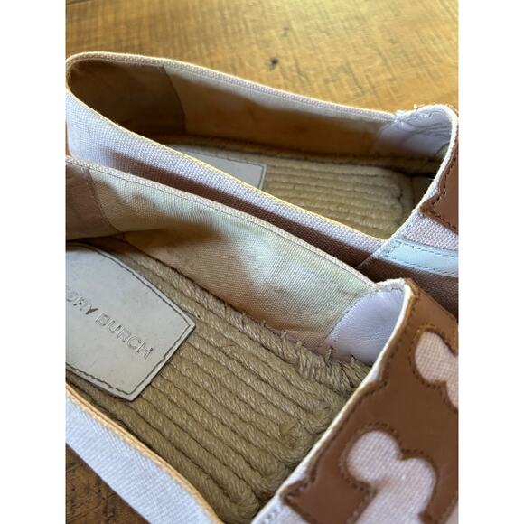 Tory Burch Poppy Espadrille Canvas Leather Tan Logo Womens Flat Shoes Size 8 - Picture 8 of 11